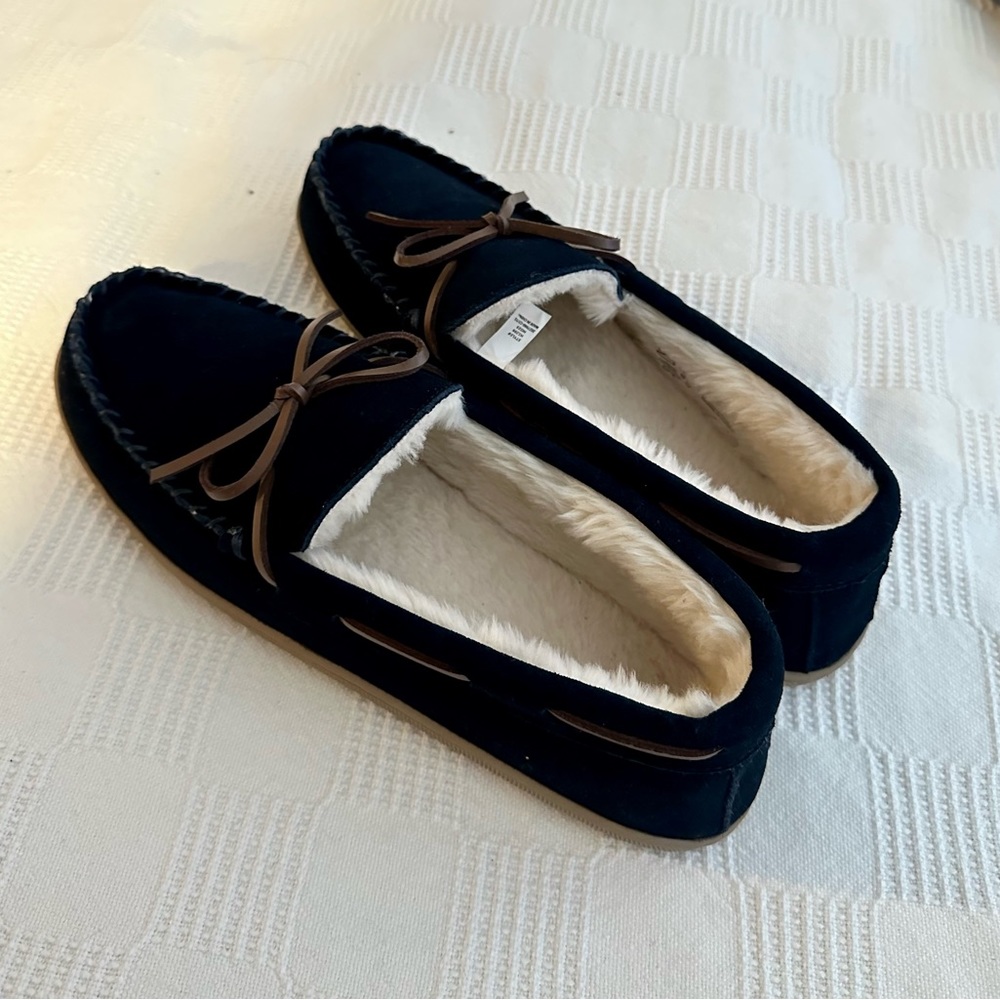 J. Crew Men’s Suede Slippers size 12 - Navy Blue Faux Shearling Moccasin New NWT